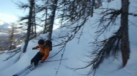 Free-ride skiing downhill between trees 動画素材 44944592
