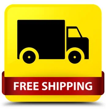 Free shipping yellow square button red ribbon in middle Stock Illustration