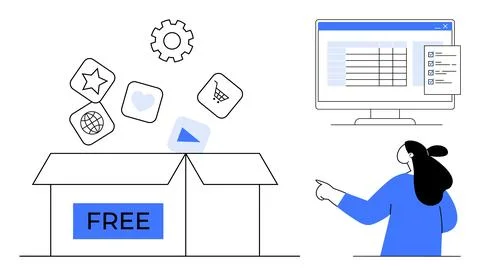 Free Software Package with Diverse Icons and User Interface on Screen イラスト素材