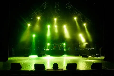 Free stage with lights, lighting devices. on a free srage. Stock Photos