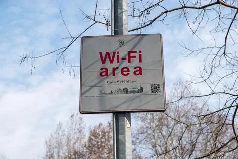 Free Wi-Fi sign. Sign of Wifi area at a Milan public park, Italy Stock Photos