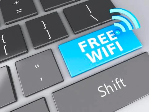 Free wifi button on computer keyboard. 3d illustration Illustrazione stock