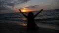 Free Woman Spreading Arms towards the Sun. Feeling of Pure Happiness and HD Footage