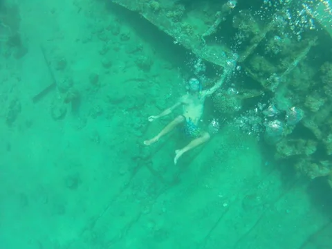 Freediver Blowing Air Ring Bubbles Stock Footage 45908248