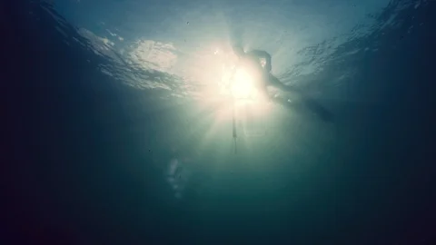 Freediver Diving Underwater Sunset Rays Surface 2 Stock Footage 106275262