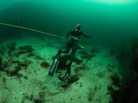 Freediver exploring underwater Fotos Stock