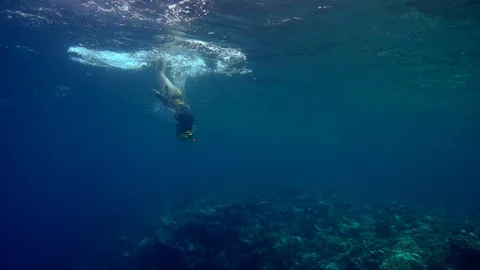 Freediver girl diving deep Stock Footage 90597447