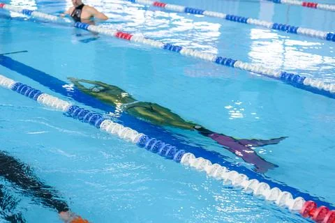 Freediving competition in a vibrant pool showcasing expert athletes Stock Photos