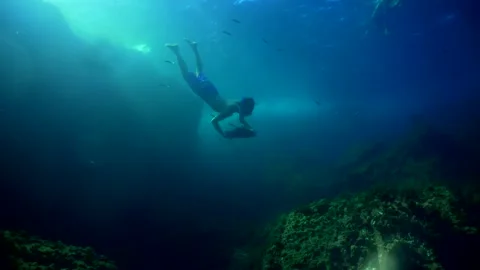 Freediving practice with scuba gear Cape Palos Cartagena Murcia Spain Stock-Footage 130908035