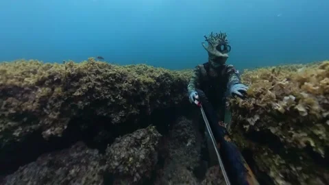Freediving Spearfish - A man in action in the blu mediterranean sea Stock Footage 292932501