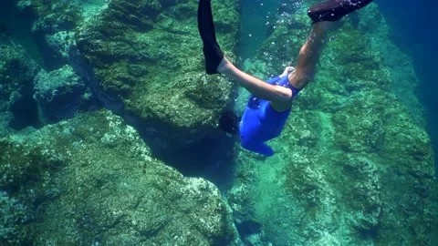 Freediving underwater caves view in Gran Canaria Island Spain Stock Footage 130910254