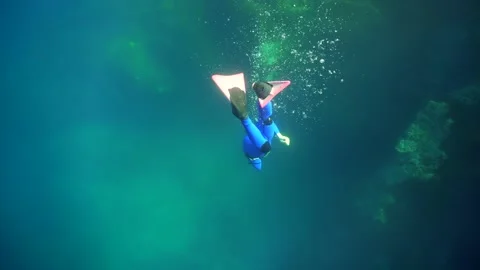 Freediving underwater caves view in Gran Canaria Island Spain Stock Footage 130910387