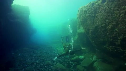 Freediving underwater caves view in Gran Canaria Island Spain Stock Footage 130910512