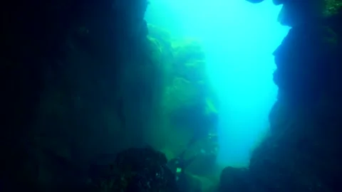 Freediving underwater caves view in Gran Canaria Island Spain Stock Footage 130910582