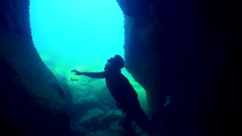 Freediving underwater caves view in Gran Canaria Island Spain Stock Footage 130910644