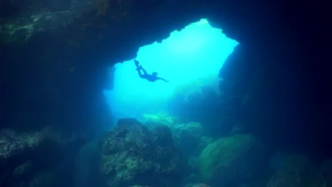 Freediving underwater caves view in Gran Canaria Island Spain Stock Footage 130910657