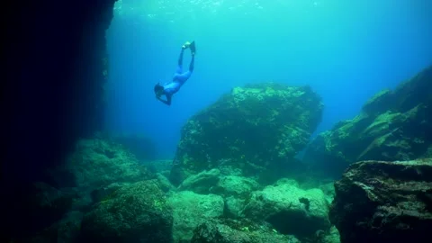 Freediving underwater caves view in Gran Canaria Island Spain Stock Footage 130910667