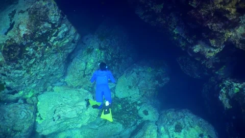 Freediving underwater caves view in Gran Canaria Island Spain Stock Footage 130910697