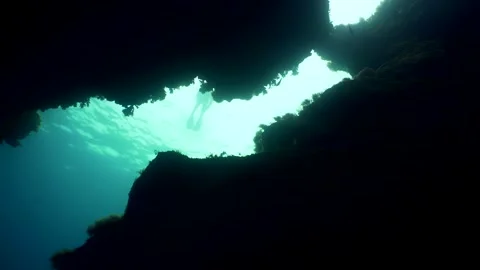 Freediving underwater El Cabron beach, Arinaga Spain. Serenity and scuba diving Stock Footage 130910049