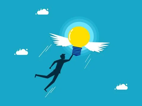 Freedom and creativity. man flying with a light bulb. business and investment Illustrazione stock