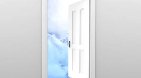 Freedom and enlightenment concept of a white door opening to heavenly clouds Stock Footage 50818267