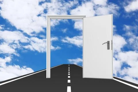 Freedom Concept. Opened White Door over Asphalt Road. 3d Rendering Ilustração Stock