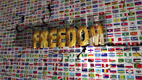 Freedom Concept Over Wall of World Flags and Cracked Map Background Stock Footage 331324545