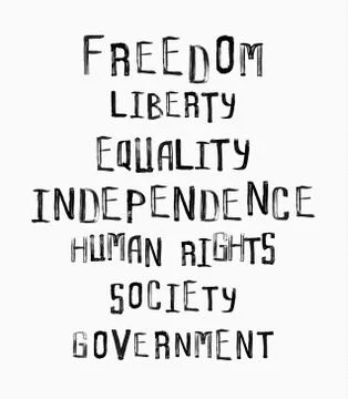 Freedom, independence, equality concept, word cloud in uneven vintage stamp s Stock Illustration