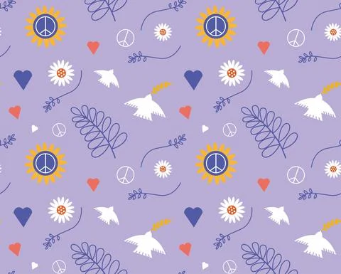 Freedom peace seamless pattern with dove nd flower Stockillustratie