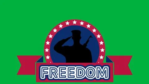 Freedom sticker and saluting soldier icon on green screen Stock Illustration