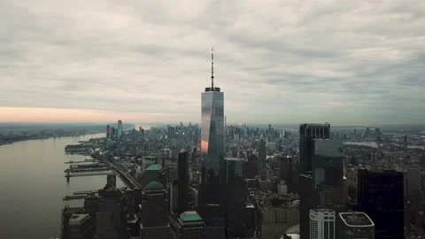 Freedom Tower aerial forward toward Manhattan NYC drone New York City Stock Footage 146344416