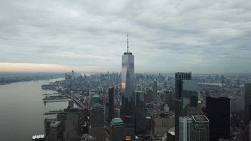 Freedom Tower in Manhattan NYC aerial moving toward New York City 4K Stock Footage