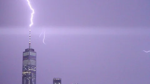 Freedom Tower Struck by Lightning in Slow Motion Stock Footage