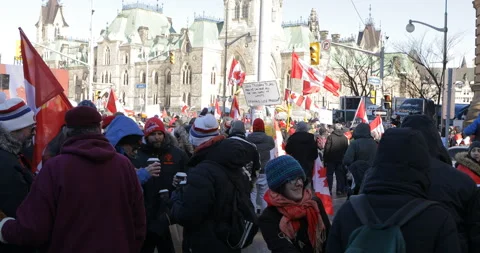 Freedom Trucker Convoy Protesters in front of Parliament in Ottawa Stock Footage 170280965