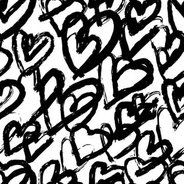 Freehand black hearts seamless pattern on white background. Stock Illustration