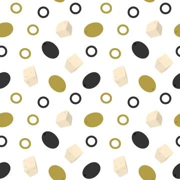 Freehand Cheese cubes in various positions and olives Fruits and sliced Seamless Stock Illustration