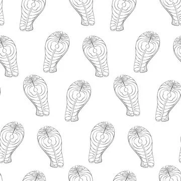 Freehand contour drawing endless pattern of outline drawing of salmon steak. Day Stock Illustration