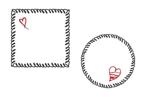 Freehand doodle set of frames decorated with heart shapes. Hand drawn scribble Stock Illustration