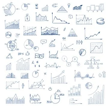 Freehand drawing charts items on a sheet of exercise book. Vector illustratio Stockillustratie