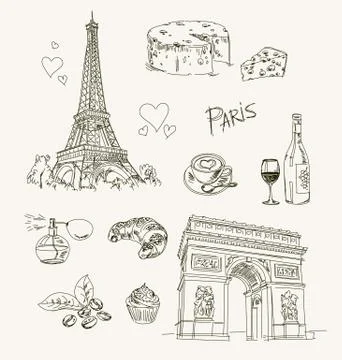 Freehand drawing Paris items on a sheet of exercise book. Eiffel Tower. Arc d Stock Illustration