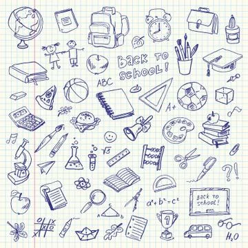 Freehand drawing school items. Back to School 스톡 일러스트