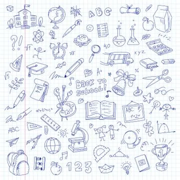 Freehand drawing school on a sheet of exercise book Stockillustratie