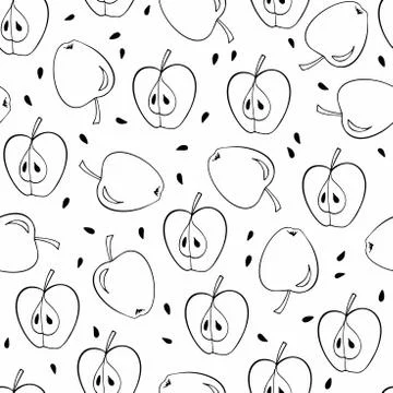 Freehand drawing. Seamless pattern. Sketch of apple, apple seeds, cut apple Illustrazione stock