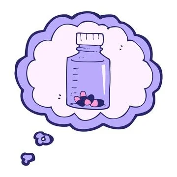 Freehand drawn thought bubble cartoon jar of pills in bright neon color Stock Illustration