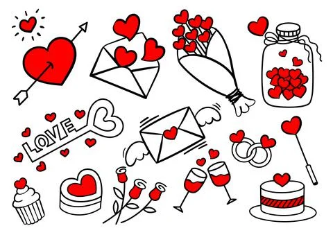 Freehand Handdrawn Valentines Day Elements Doodle. Premium Vector Stock Illustration