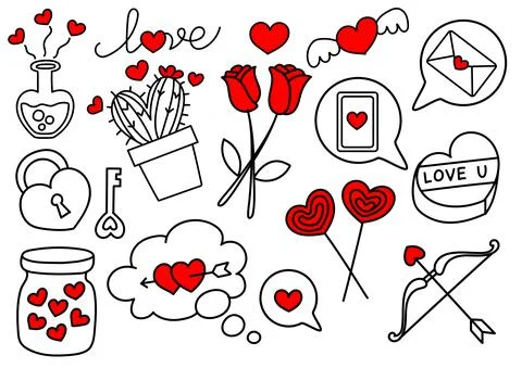Freehand Handdrawn Valentines Day Elements Doodle. Premium Vector Stock Illustration