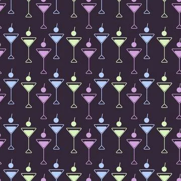Freehand Martini glasses Seamless Pattern Trendy Pink Light Green blue Neon tint Stock Illustration