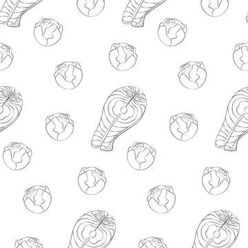 Freehand outline drawn seamless pattern of salmon steak and head of brussels Stock Illustration
