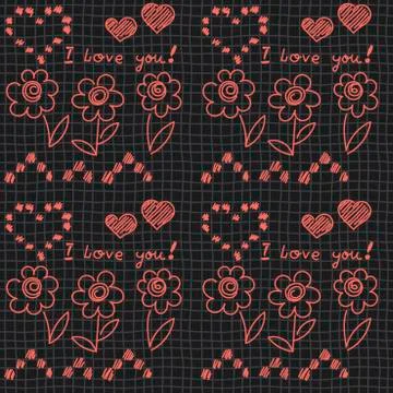 Freehand pattern on Checkered seamless background. Hearts, flowers, writing, I Stock Illustration