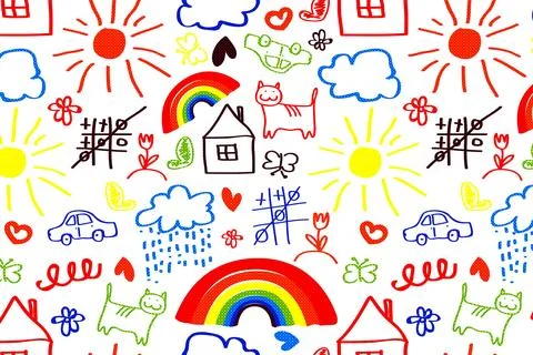 Freehand Seamless pattern with children's drawings Stock Illustration